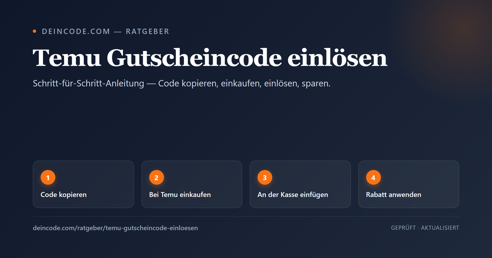 Vier Schritte zur Code-Einlösung: Code kopieren, bei Temu einkaufen, an der Kasse einfügen, Rabatt anwenden